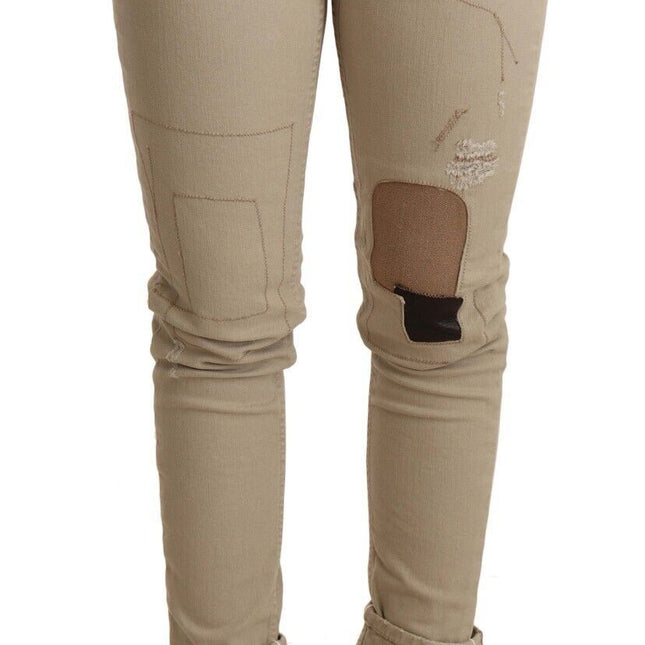 Acht Beige Denim Cotton Bottom Slim Fit Folded Pant