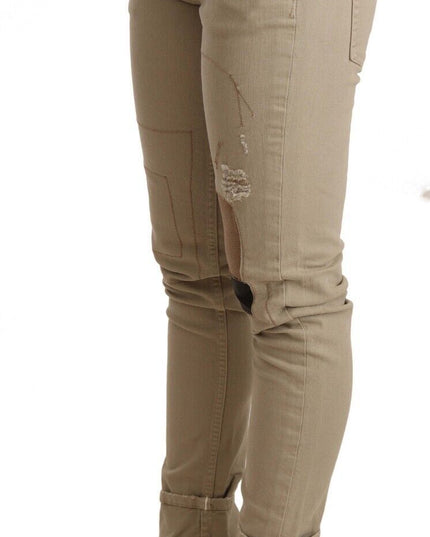 Acht Beige Denim Cotton Bottom Slim Fit Folded Pant