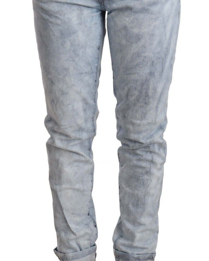 Acht Light Blue Washed Cotton Folded Hem Denim Trouser