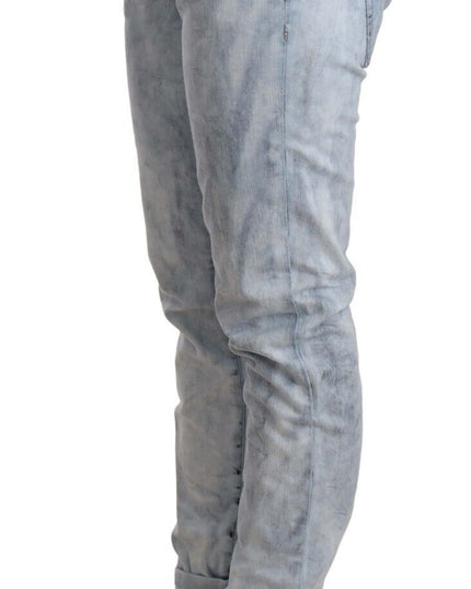 Acht Light Blue Washed Cotton Folded Hem Denim Trouser