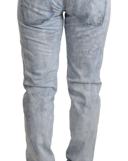 Acht Light Blue Washed Cotton Folded Hem Denim Trouser