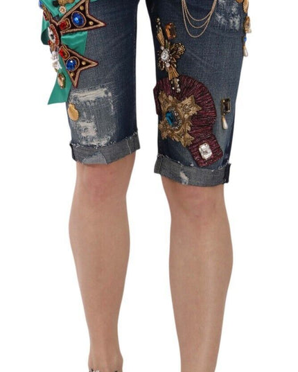 Dolce & Gabbana Blue Denim Mid Waist Crystal Capri Shorts