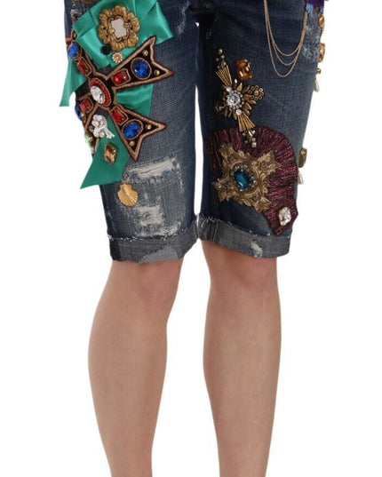 Dolce & Gabbana Blue Denim Mid Waist Crystal Capri Shorts