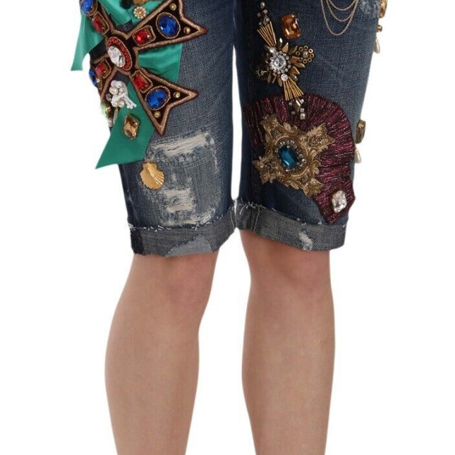 Dolce & Gabbana Blue Denim Mid Waist Crystal Capri Shorts