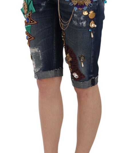 Dolce & Gabbana Blue Denim Mid Waist Crystal Capri Shorts