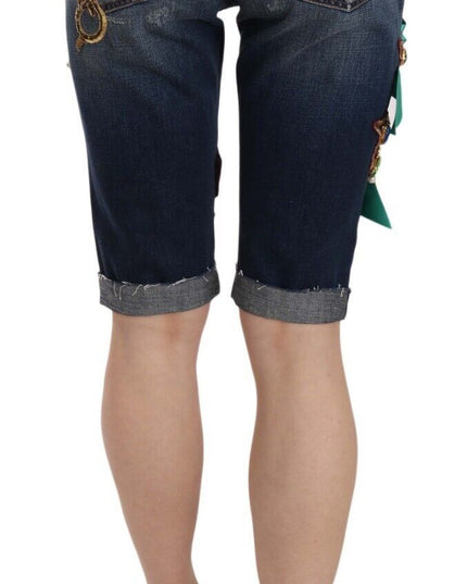 Dolce & Gabbana Blue Denim Mid Waist Crystal Capri Shorts