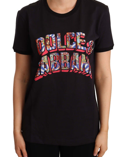 Dolce & Gabbana Black Cotton Large Print Top Crewneck T-shirt