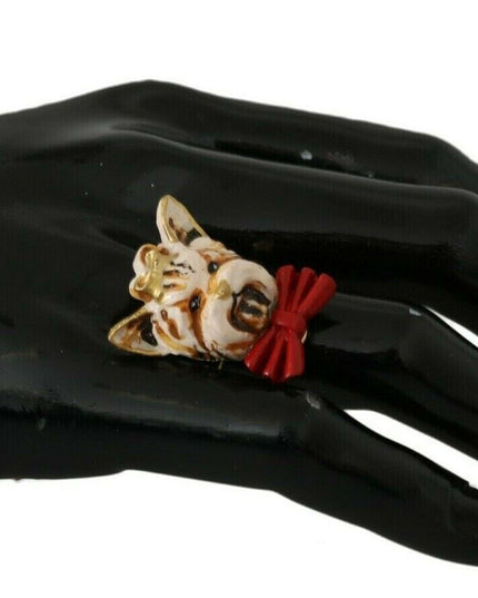 Dolce & Gabbana Beige Dog Pet Branded Accessory Gold Brass Resin Ring
