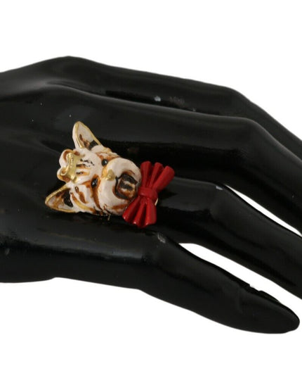 Dolce & Gabbana Beige Dog Pet Branded Accessory Gold Brass Resin Ring