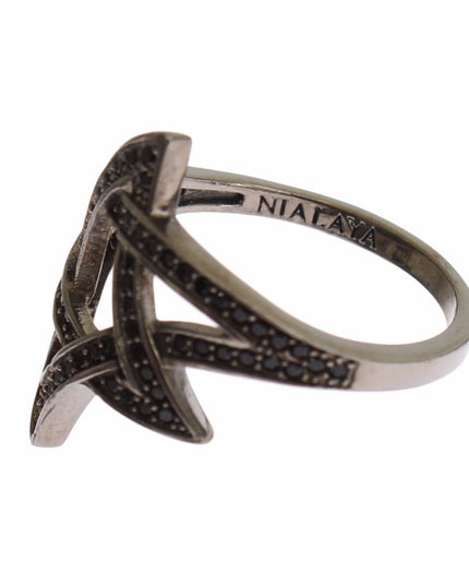 Nialaya Black CZ Rhodium 925 Silver Womens Ring