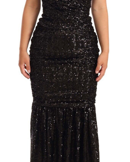 Dolce & Gabbana Black Sequined Open Shoulder Long Gown Dress