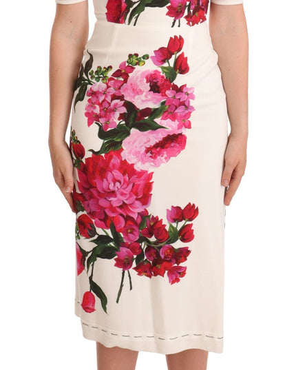 Dolce & Gabbana White Floral Printed Crepe Midi Slit Dress
