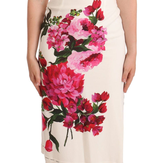 Dolce & Gabbana White Floral Printed Crepe Midi Slit Dress