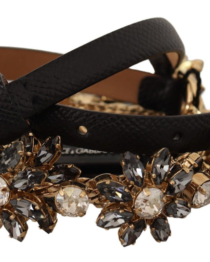 Dolce & Gabbana Black Daisy Crystal Dauphine Texture Belt