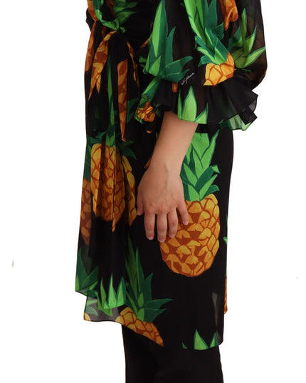 Dolce & Gabbana Black Ananas Print Wrap Stretch Silk Dress
