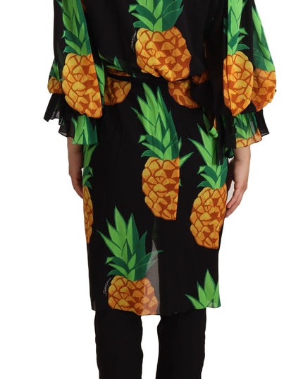 Dolce & Gabbana Black Ananas Print Wrap Stretch Silk Dress