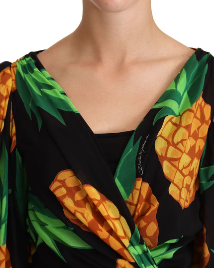Dolce & Gabbana Black Ananas Print Wrap Stretch Silk Dress