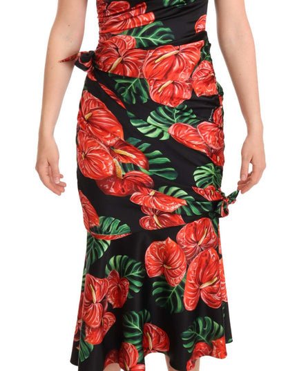 Dolce & Gabbana Black Shiny Silk Floral Print Draped Dress
