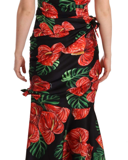 Dolce & Gabbana Black Shiny Silk Floral Print Draped Dress