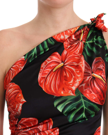 Dolce & Gabbana Black Shiny Silk Floral Print Draped Dress