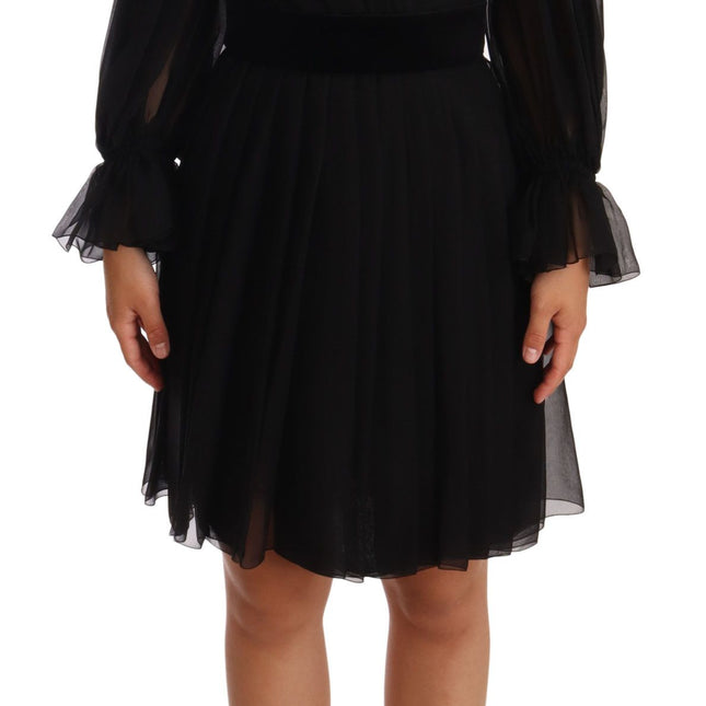 Dolce & Gabbana Black Mesh Pleated Mini Silk Stretch Dress