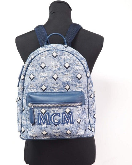 MCM Stark Small Blue Vintage Jacquard Monogram Logo Fabric Backpack Bookbag