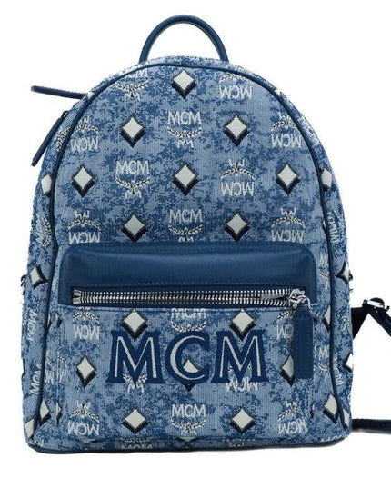 MCM Stark Small Blue Vintage Jacquard Monogram Logo Fabric Backpack Bookbag