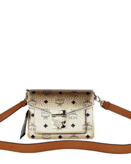MCM Signature Berlin Gold Diamond Logo Leather Mini Flap Lock Crossbody Handbag