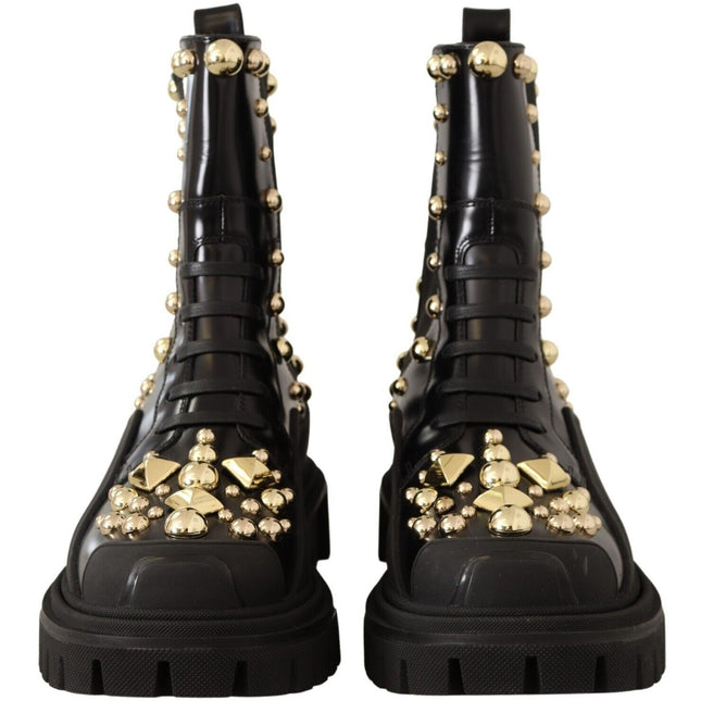 Dolce & Gabbana Black Leather Studded Combat Boots
