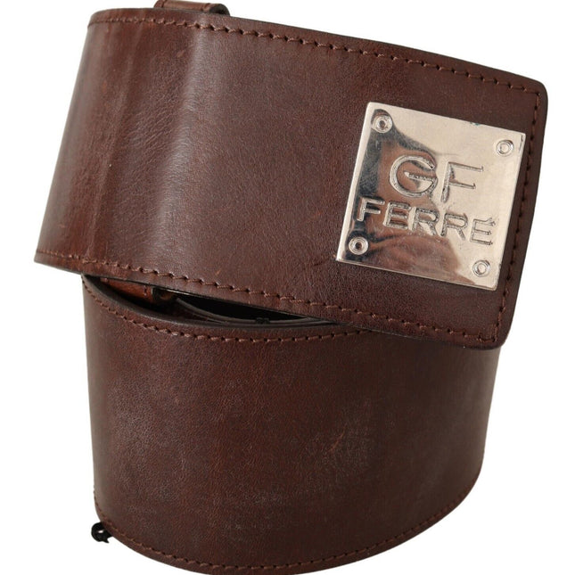 GF Ferre Brown Genuine Leather Wide Logo Buckle Waist Belt