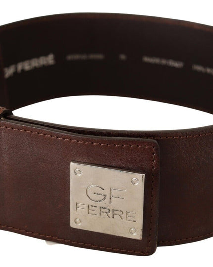 GF Ferre Brown Genuine Leather Wide Logo Buckle Waist Belt