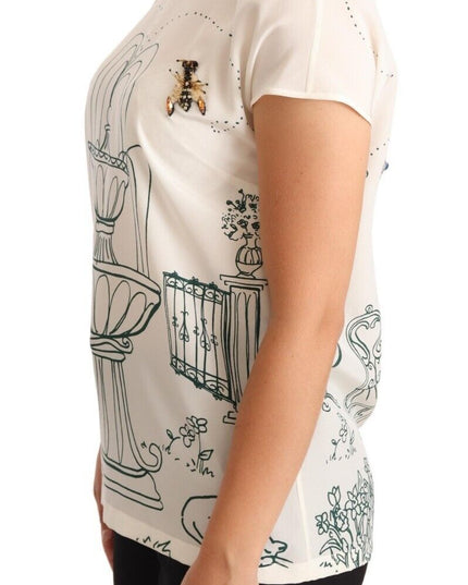 Dolce & Gabbana White Silk Garden Fountain T-Shirt Blouse