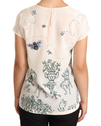 Dolce & Gabbana White Silk Garden Fountain T-Shirt Blouse