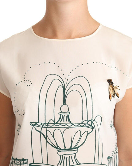Dolce & Gabbana White Silk Garden Fountain T-Shirt Blouse