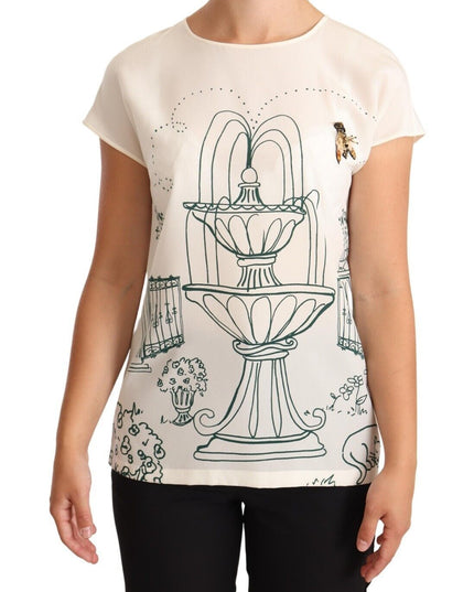 Dolce & Gabbana White Silk Garden Fountain T-Shirt Blouse