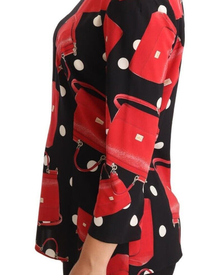 Dolce & Gabbana Black Sicily Bag Print Silk Stretch Top Blouse