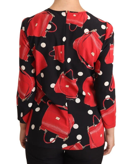 Dolce & Gabbana Black Sicily Bag Print Silk Stretch Top Blouse