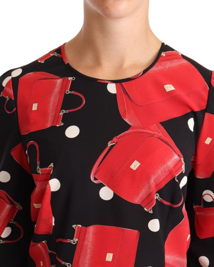 Dolce & Gabbana Black Sicily Bag Print Silk Stretch Top Blouse