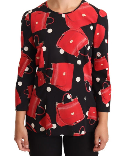 Dolce & Gabbana Black Sicily Bag Print Silk Stretch Top Blouse