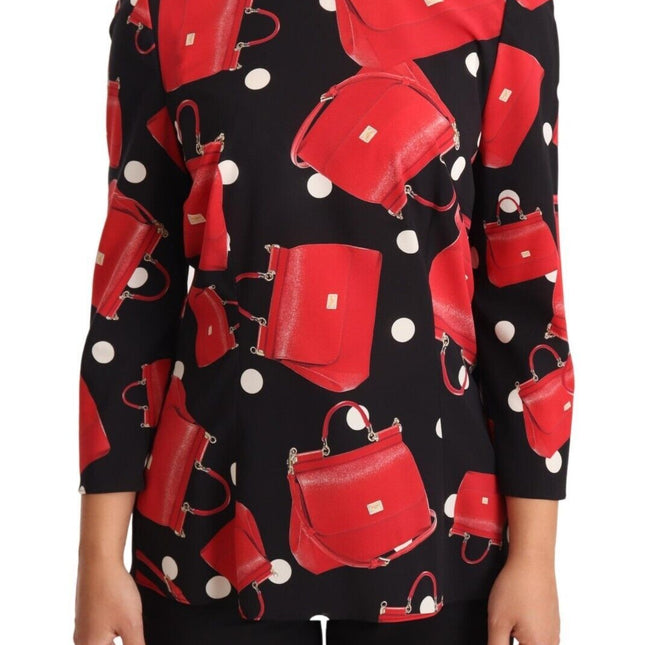 Dolce & Gabbana Black Sicily Bag Print Silk Stretch Top Blouse