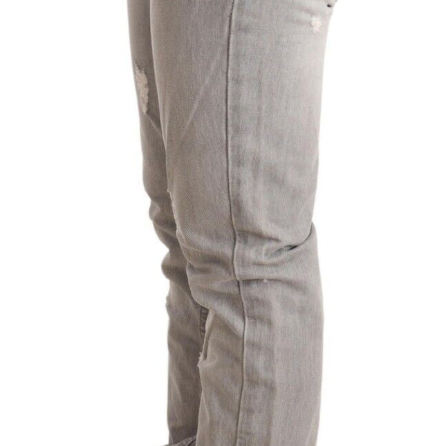 Acht Gray Tattered Cotton Slim Fit Folded Hem Women Denim Jeans