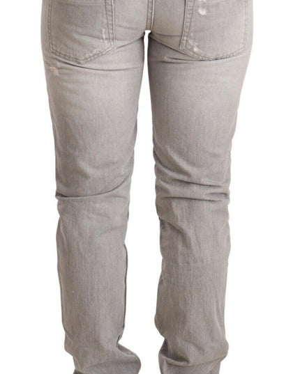 Acht Gray Tattered Cotton Slim Fit Folded Hem Women Denim Jeans