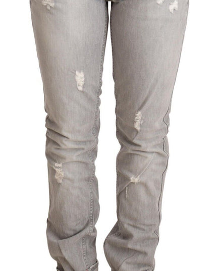 Acht Gray Tattered Cotton Slim Fit Folded Hem Women Denim Jeans