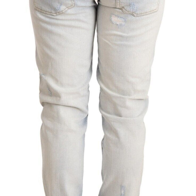Acht Light Blue Distressed Cotton Folded Hem Denim Trouser Jeans