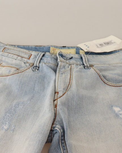 Acht Light Blue Distressed Cotton Folded Hem Denim Trouser Jeans