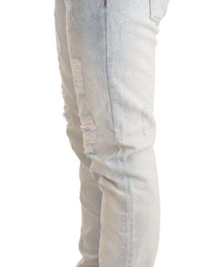 Acht Light Blue Distressed Cotton Folded Hem Denim Trouser Jeans