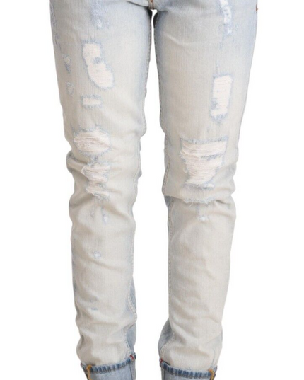 Acht Light Blue Distressed Cotton Folded Hem Denim Trouser Jeans