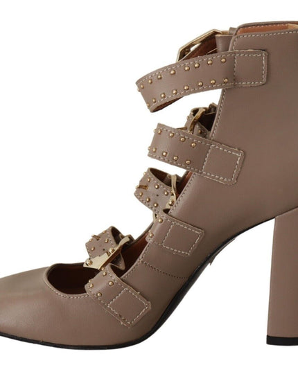 MY TWIN Brown Leather Block Heels Multi Buckle Pumps Shoes