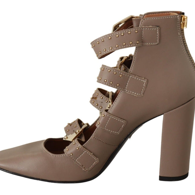 MY TWIN Brown Leather Block Heels Multi Buckle Pumps Shoes