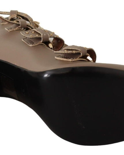 MY TWIN Brown Leather Block Heels Multi Buckle Pumps Shoes